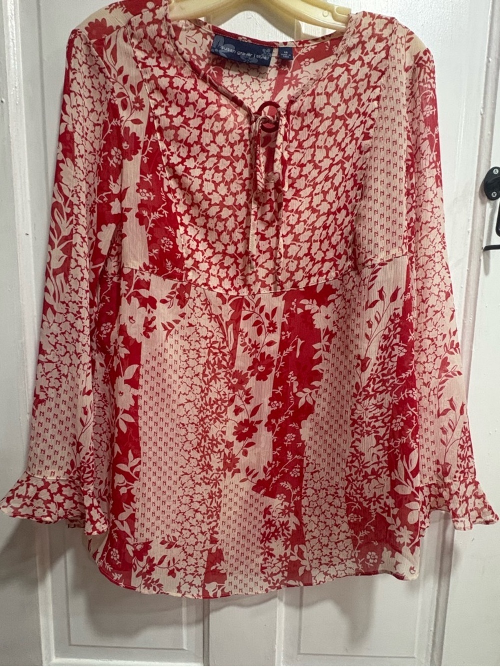 Susan Graver Red and Cream Floral Tie-Neck Tunic